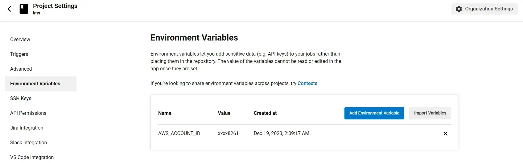 CircleCI environment variables page